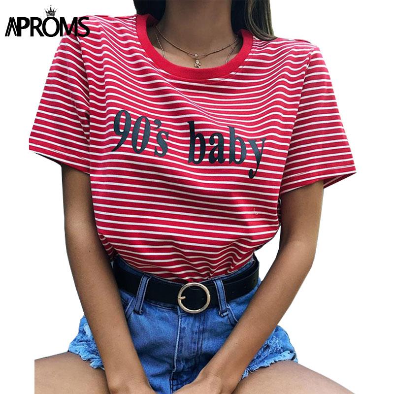 Aproms Retro Red White Stripe Tee Women Short Sleeve Basic T-shirt  Summer 2018 Casual Streetwear Boyfriend Tshirt 90s Baby Tops