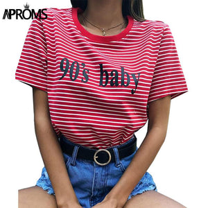 Aproms Retro Red White Stripe Tee Women Short Sleeve Basic T-shirt  Summer 2018 Casual Streetwear Boyfriend Tshirt 90s Baby Tops