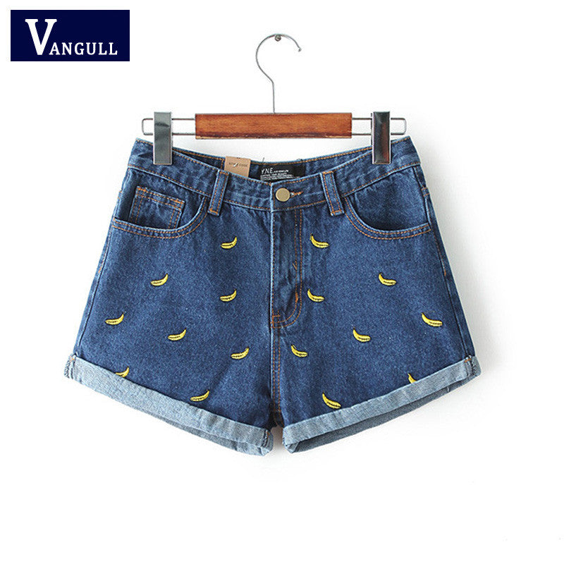 Denim Shorts Women Summer Banana Flower Embroidery Cotton Denim Shorts 2016 curling plus size casual female waist Jeans Shorts