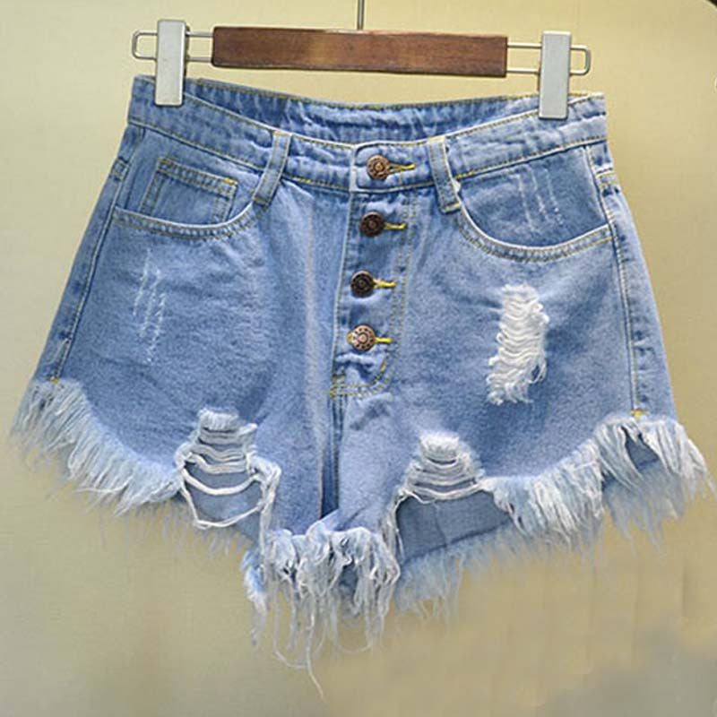 2016 European and American BF summer wind female blue high waist denim shorts women worn loose burr hole jeans shorts plus size