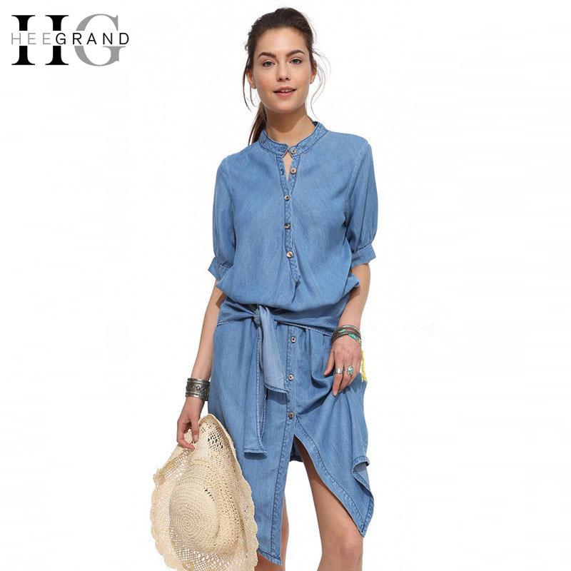 HEE GRAND 2017 Jeans Solid Casual Summer Dress Women Asymmetrical Sashes Half Sleeve Medium Length Preppy Style Dress WQL4664