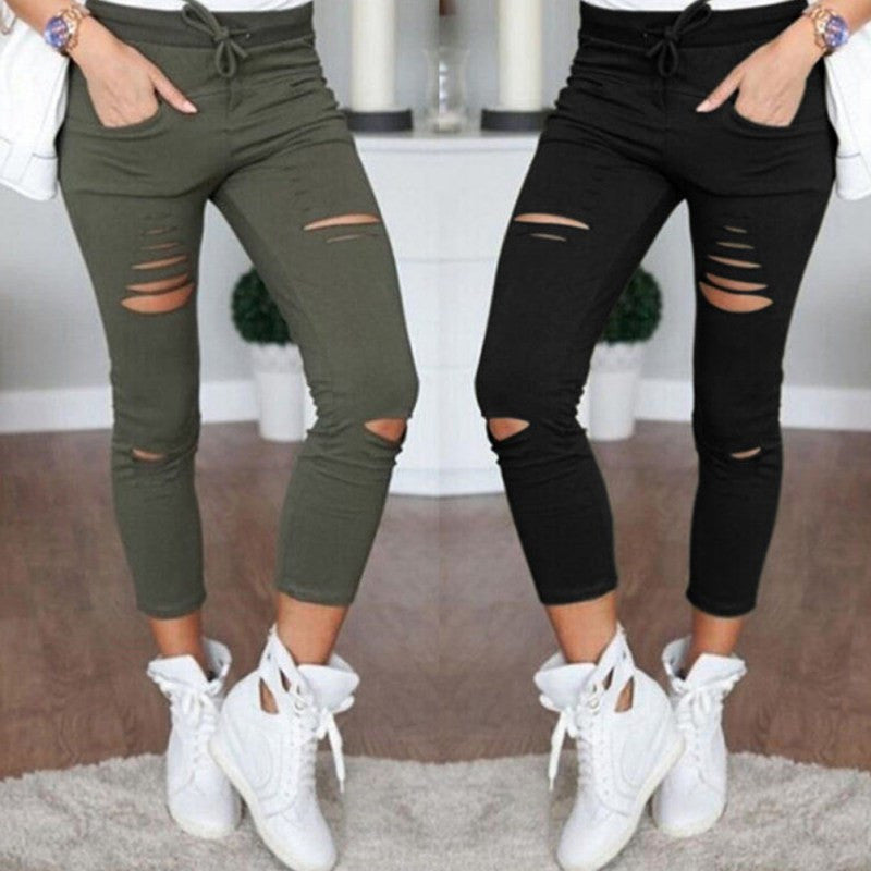 COCKCON Women Denim Skinny Cut Pencil Pants High Waist Stretch Jeans Trousers Cotton Drawstring Slim Leggings