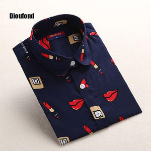 Dioufond White Navy Lips Print Women Blouses Long Sleeve Ladies Office Blouse Shirt  Casual Button Down Blusa 2017 Spring