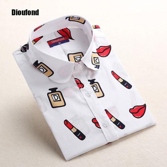 Dioufond White Navy Lips Print Women Blouses Long Sleeve Ladies Office Blouse Shirt  Casual Button Down Blusa 2017 Spring