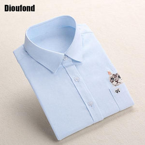 Dioufond Cat Embroidery Long Sleeve Women Blouses And Shirts White Blue Female Ladies Casual Shirt Tops Plus Size Blusas Blouse