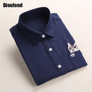 Dioufond Cat Embroidery Long Sleeve Women Blouses And Shirts White Blue Female Ladies Casual Shirt Tops Plus Size Blusas Blouse