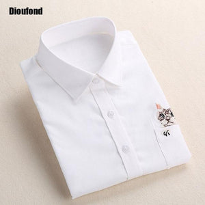 Dioufond Cat Embroidery Long Sleeve Women Blouses And Shirts White Blue Female Ladies Casual Shirt Tops Plus Size Blusas Blouse