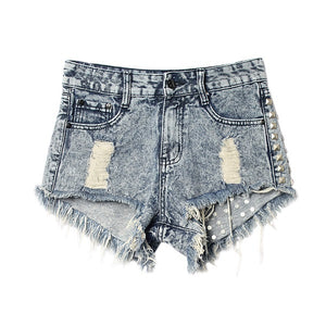 1993 Vintage Rivet High Waist Denim Shorts Women Tassel Ripped Loose Short Jeans Punk Sexy Hot Summer Fashion Short Pants AI101