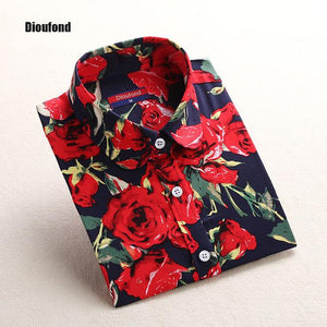 Dioufond Red Rose Shirt Print Women 2017 New Spring Cotton Long Sleeve Women Blouses Fashion Tops Blusas Femininas Plus Size