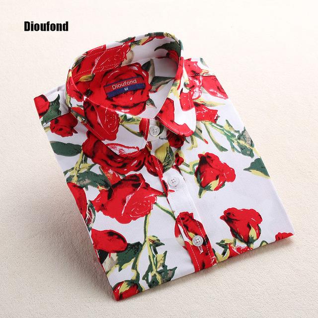 Dioufond Red Rose Shirt Print Women 2017 New Spring Cotton Long Sleeve Women Blouses Fashion Tops Blusas Femininas Plus Size