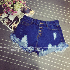 2016 European and American BF summer wind female blue high waist denim shorts women worn loose burr hole jeans shorts plus size