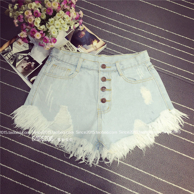 2016 European and American BF summer wind female blue high waist denim shorts women worn loose burr hole jeans shorts plus size