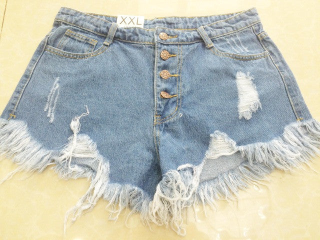 2016 European and American BF summer wind female blue high waist denim shorts women worn loose burr hole jeans shorts plus size