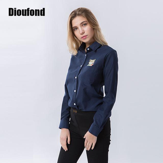 Dioufond Animal Embroidery Print Fox on Pocket Shirts Lady 2017 Spring New Fashion White Blouse Shirts Women Long Sleeve Tops