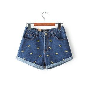 Denim Shorts Women Summer Banana Flower Embroidery Cotton Denim Shorts 2016 curling plus size casual female waist Jeans Shorts