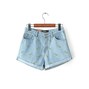 Denim Shorts Women Summer Banana Flower Embroidery Cotton Denim Shorts 2016 curling plus size casual female waist Jeans Shorts