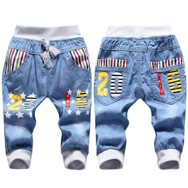 Hot Sale! 2016 New  Kids Jeans Elastic Waist Straight Bear Pattern Denim Seventh Pants Retail Boy Jeans For 2-5 Years WB142