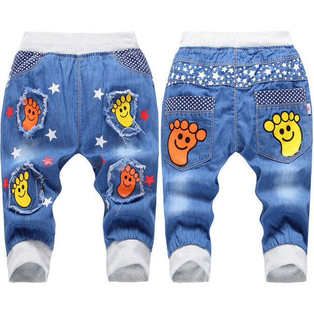 Hot Sale! 2016 New  Kids Jeans Elastic Waist Straight Bear Pattern Denim Seventh Pants Retail Boy Jeans For 2-5 Years WB142