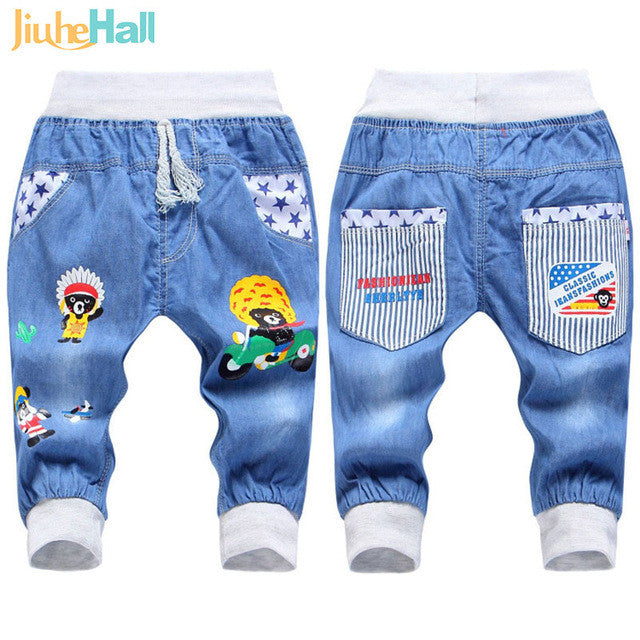 Hot Sale! 2016 New  Kids Jeans Elastic Waist Straight Bear Pattern Denim Seventh Pants Retail Boy Jeans For 2-5 Years WB142