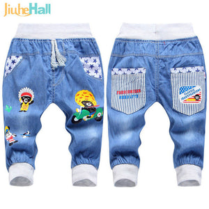 Hot Sale! 2016 New  Kids Jeans Elastic Waist Straight Bear Pattern Denim Seventh Pants Retail Boy Jeans For 2-5 Years WB142