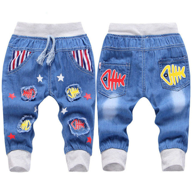 Hot Sale! 2016 New  Kids Jeans Elastic Waist Straight Bear Pattern Denim Seventh Pants Retail Boy Jeans For 2-5 Years WB142