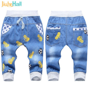 Hot Sale! 2016 New  Kids Jeans Elastic Waist Straight Bear Pattern Denim Seventh Pants Retail Boy Jeans For 2-5 Years WB142