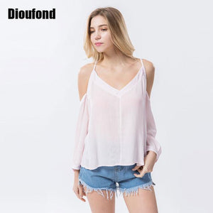 Dioufond 2017 Summer T shirt Women Off Shoulder V-neck T-shirts Crinkle White Tops Casual Split Spaghetti Strap Tshirt