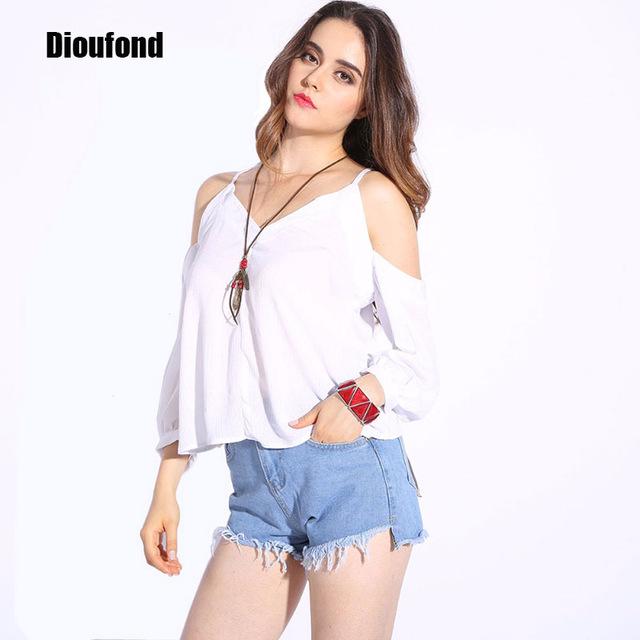 Dioufond 2017 Summer T shirt Women Off Shoulder V-neck T-shirts Crinkle White Tops Casual Split Spaghetti Strap Tshirt