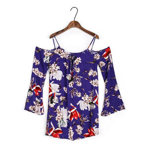 Dioufond Off The Shoulder Flare Sleeve Floral Blouse Print Casual Spring Summer Beach Loose Blouse and Long Tops Plus Size 2017