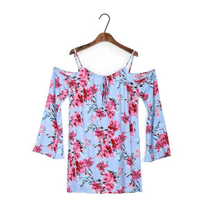 Dioufond Off The Shoulder Flare Sleeve Floral Blouse Print Casual Spring Summer Beach Loose Blouse and Long Tops Plus Size 2017