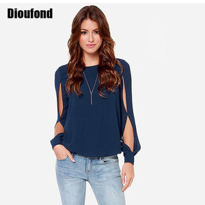 Dioufond Chiffon Spring Long Sleeve Tops Women Blouses O-neck new Fashion blouses Plus Size Slim Hollow Out Solid Blouse Women