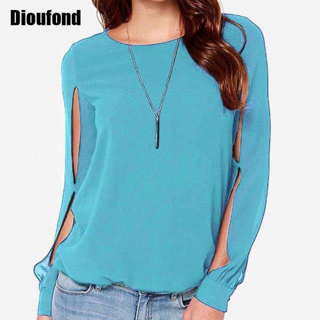 Dioufond Chiffon Spring Long Sleeve Tops Women Blouses O-neck new Fashion blouses Plus Size Slim Hollow Out Solid Blouse Women