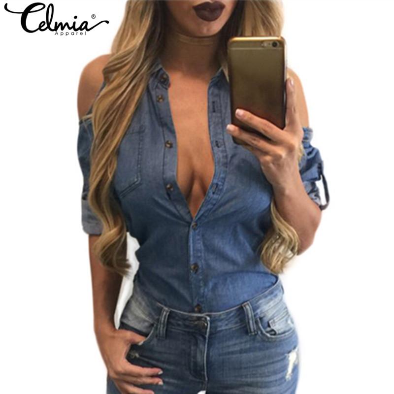 Celmia 2017 Women Spring Denim Blouse Sexy Off Shoulder Turn Down Collar Long Sleeve Blue Jeans Tops Tees Sexy Plus Size Blusas