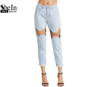 SheIn Boyfriend Jeans for Women Low Waist Womens Bleached Jeans Blue Bleach Wash Cut Out O Ring Detail Straight Jeans