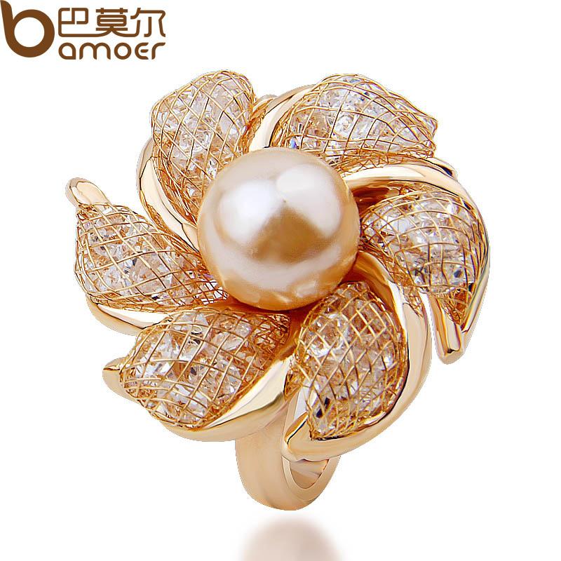 BAMOER High Quality  Rose Gold Color Imitation Pearl Ring for Women Anniversary Made with AAA Zircon Luxury Jewelry JSR007