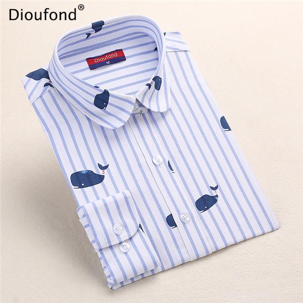 Dioufond Summer Striped Blouses Animal Print Blouse Shirt 2017 Long Sleeve Women Shirts Whale Casual Blusas Plus Size 5XL