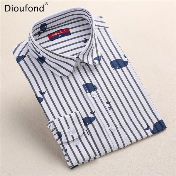 Dioufond Summer Striped Blouses Animal Print Blouse Shirt 2017 Long Sleeve Women Shirts Whale Casual Blusas Plus Size 5XL