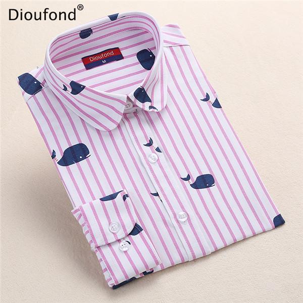 Dioufond Summer Striped Blouses Animal Print Blouse Shirt 2017 Long Sleeve Women Shirts Whale Casual Blusas Plus Size 5XL