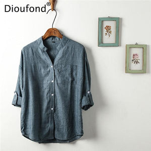 Dioufond Summer V-neck Cotton Thin Women Shirts Three Quarter Female Camisas Femininas Office Women Tops Blusas Femininas 2017