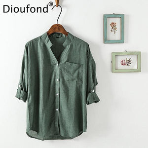 Dioufond Summer V-neck Cotton Thin Women Shirts Three Quarter Female Camisas Femininas Office Women Tops Blusas Femininas 2017