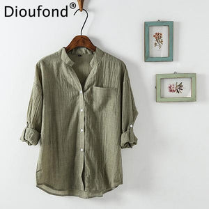 Dioufond Summer V-neck Cotton Thin Women Shirts Three Quarter Female Camisas Femininas Office Women Tops Blusas Femininas 2017