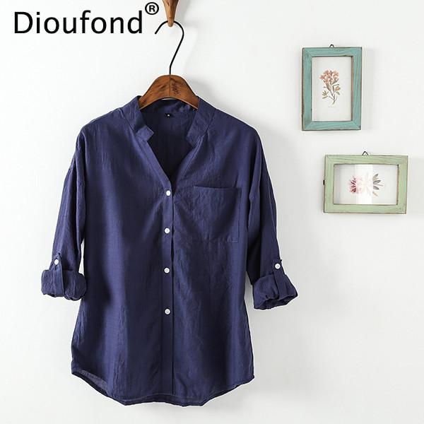 Dioufond Summer V-neck Cotton Thin Women Shirts Three Quarter Female Camisas Femininas Office Women Tops Blusas Femininas 2017