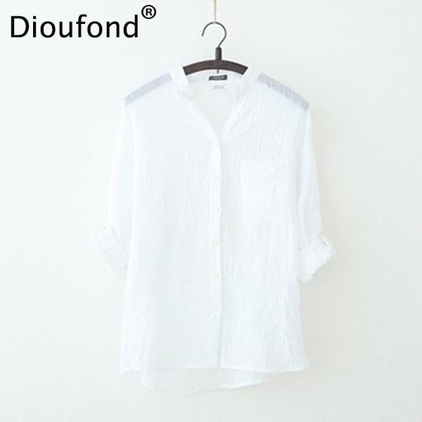 Dioufond Summer V-neck Cotton Thin Women Shirts Three Quarter Female Camisas Femininas Office Women Tops Blusas Femininas 2017