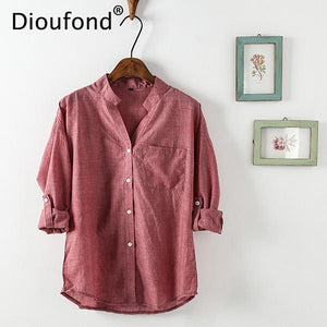 Dioufond Summer V-neck Cotton Thin Women Shirts Three Quarter Female Camisas Femininas Office Women Tops Blusas Femininas 2017