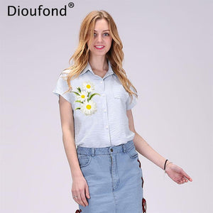 Dioufond Short Sleeve Blouse Summer Floral Appliques Shirts Women White Blouse Shirt Turn-down Collar Blouses New Blusas 2017