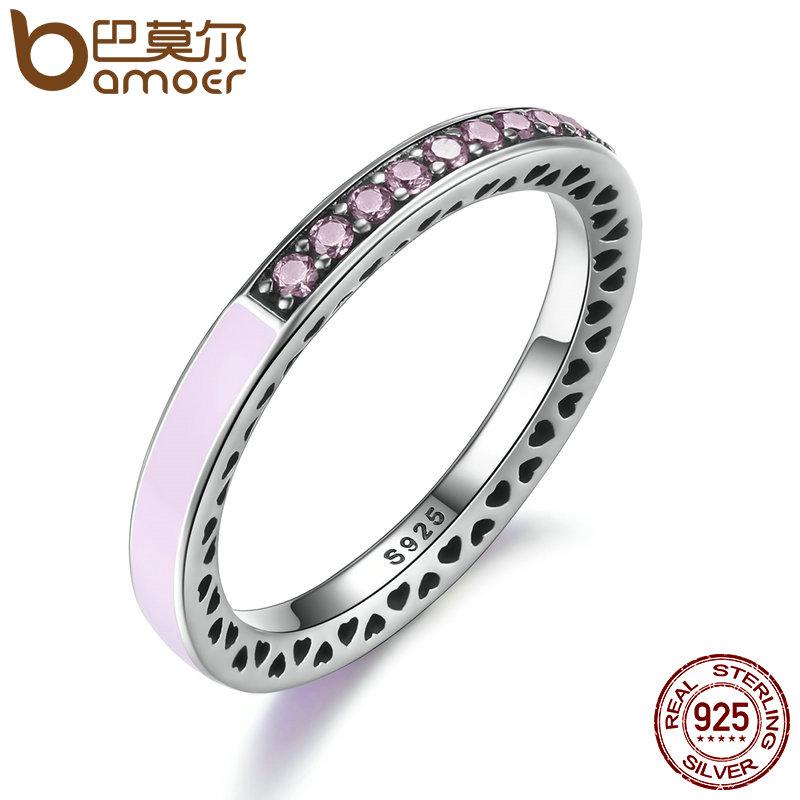 BAMOER 100% 925 Sterling Silver Radiant Hearts, Light Pink Enamel & Clear CZ Finger Ring Women Wedding Jewelry PA7603