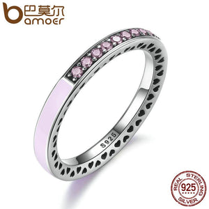 BAMOER 100% 925 Sterling Silver Radiant Hearts, Light Pink Enamel & Clear CZ Finger Ring Women Wedding Jewelry PA7603