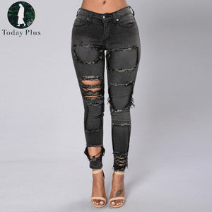 2017 Fashion Women Jeans Pencil Pants Denim Mid Waist Hole Ripped Vintage Skinny Elastic Solid Long Jeans Cool Ladies Pants