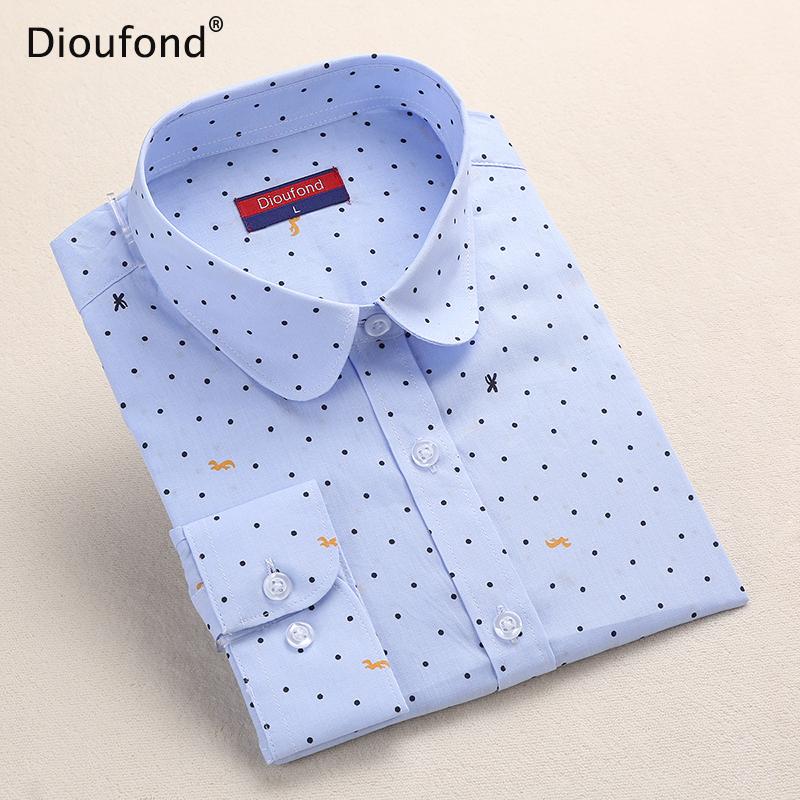 Dioufond Polka Dot Printed Blouse Shirt Women Long Sleeve Cotton Work Wear Blouses White Print Blusa Feminina Navy Top 2017