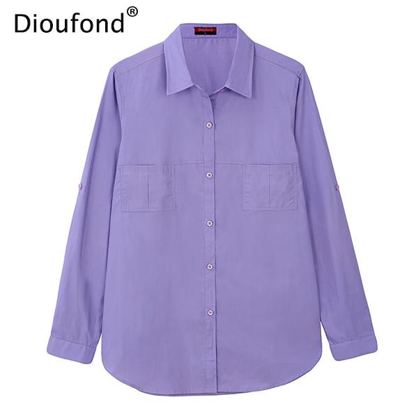 Dioufond Autumn White Blouse Shirt Long Sleeve Solid Cotton Shirt Women Tops Pockets Casual Camisa Feminina S-3XL 2017